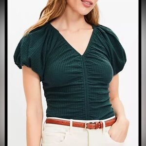 LOFT Green  V-Neck Ruched Puff Sleeve Top